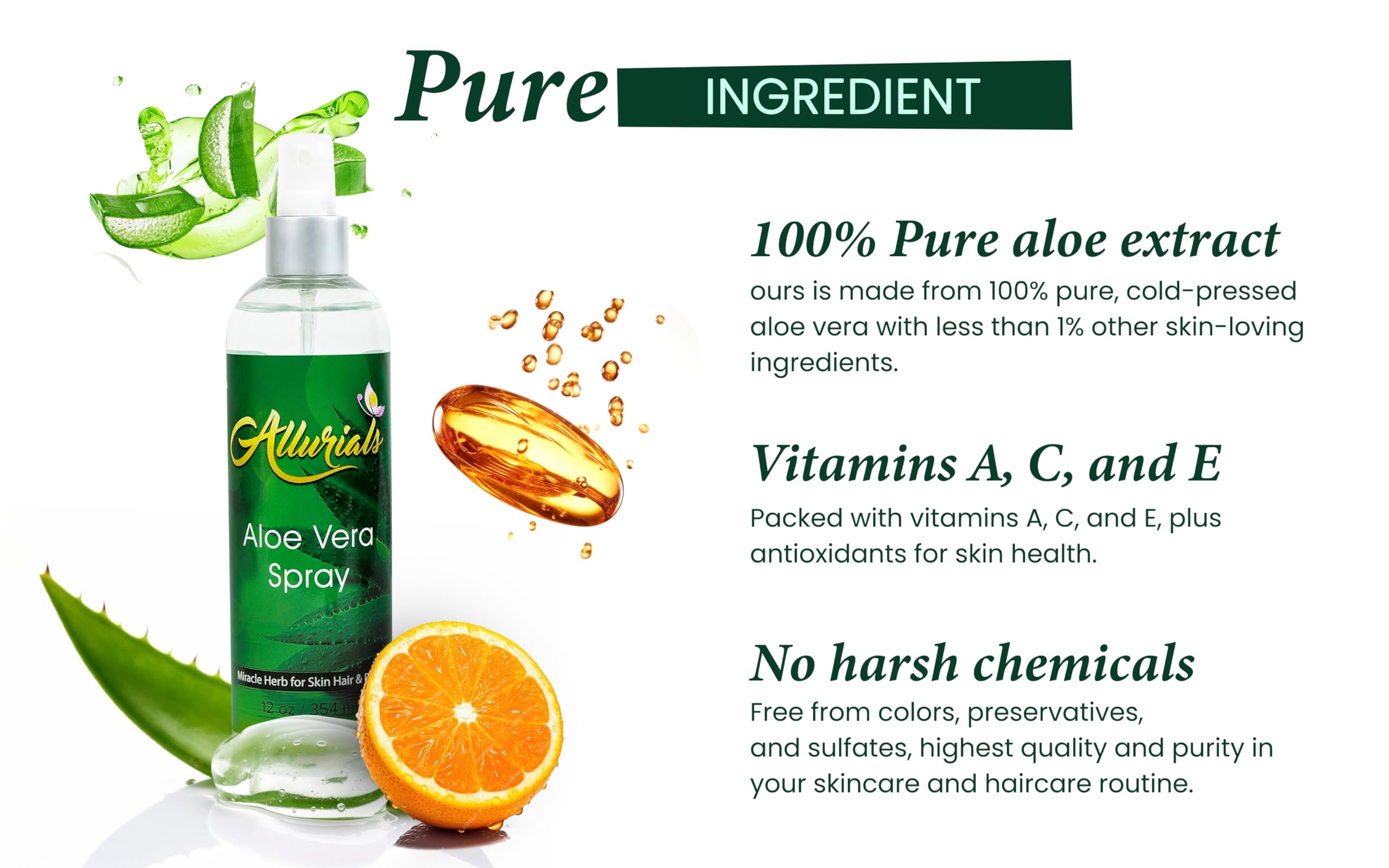 Allurials Aloe Vera Spray ingredients close-up highlighting pure extract.