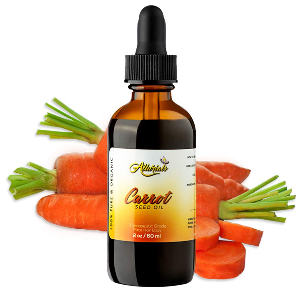 Allurials carrot seed oil bottle for skin and hair nourishment.
