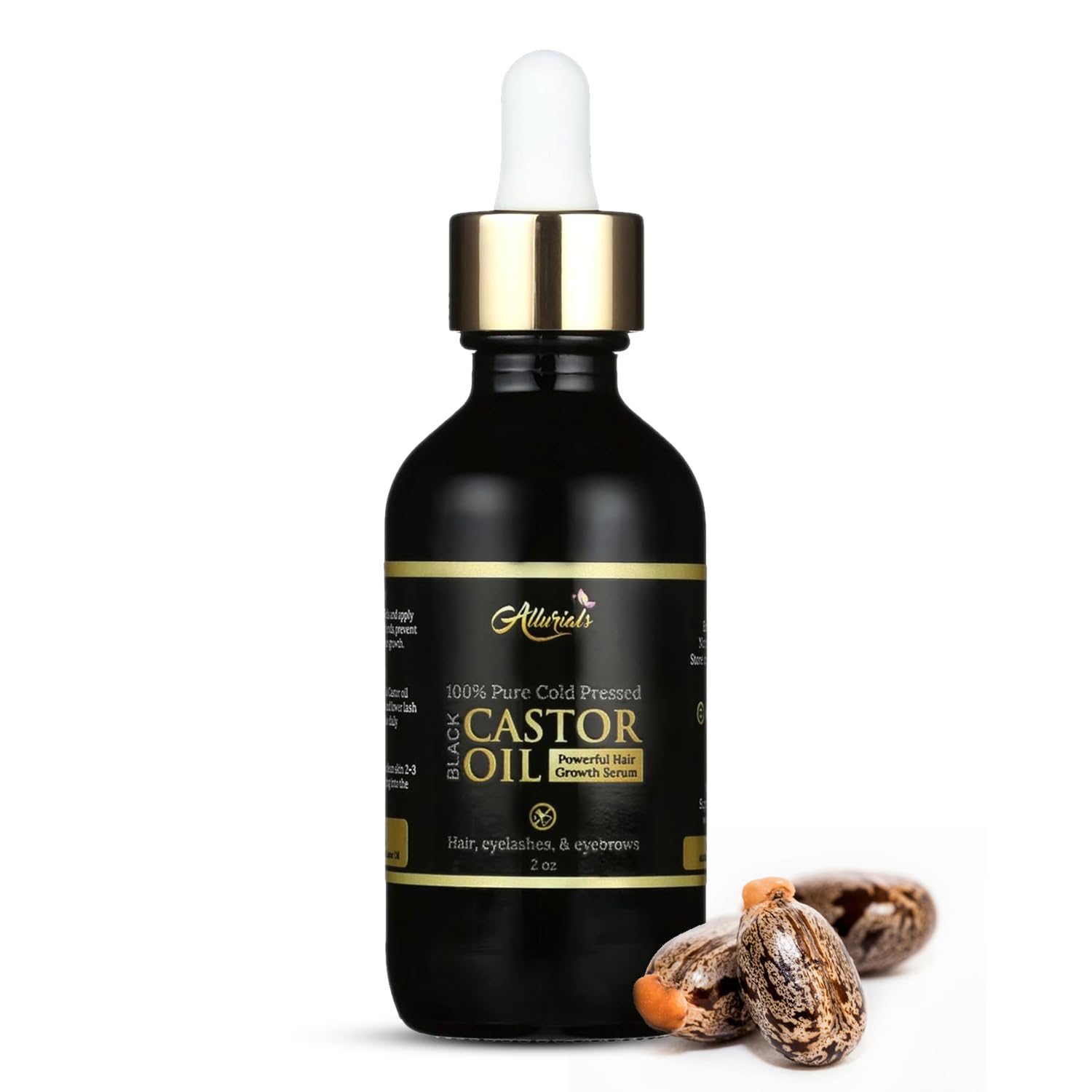 Allurials Castor Oil bottle closeup showing pure organic formula for hair and skin.