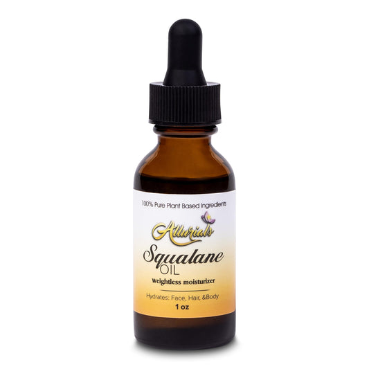 Allurials Squalane Oil bottle close-up showing pure plant-based hydration