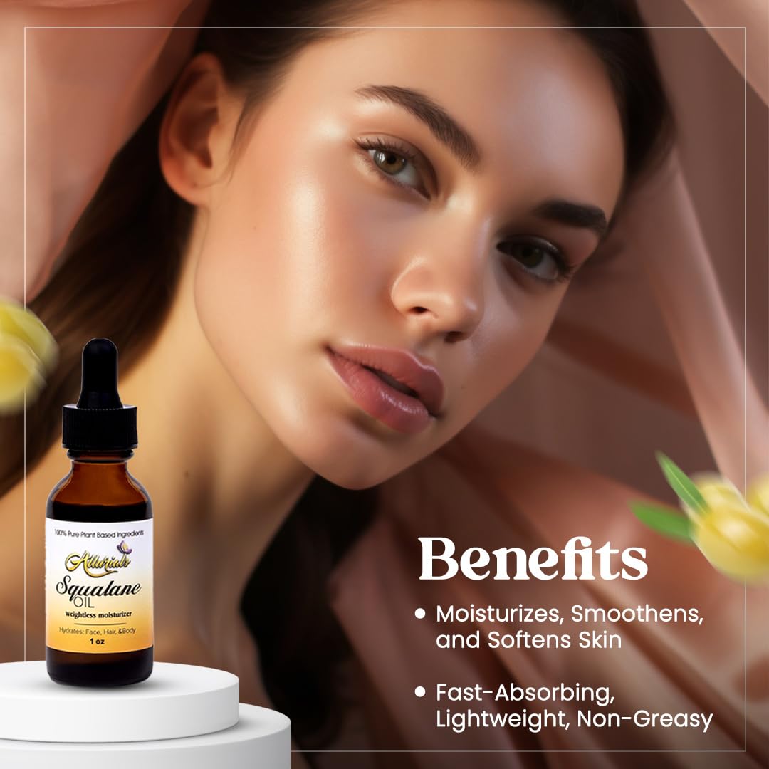 Allurials Squalane Oil dropper pour demonstrating thin, fast-absorbing texture