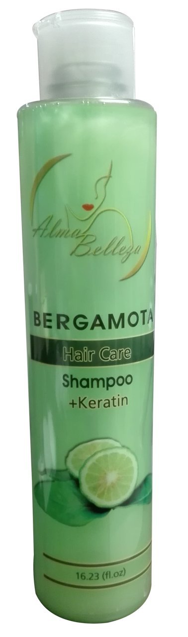 Alma Belleza Bergamota Shampoo bottle highlighting refreshing citrus scent for daily cleansing.