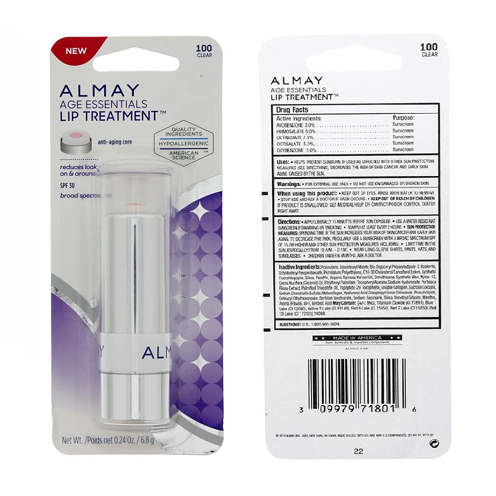 Almay Age Essentials Lip Treatment packaging display highlights hypoallergenic formula and SPF 30
