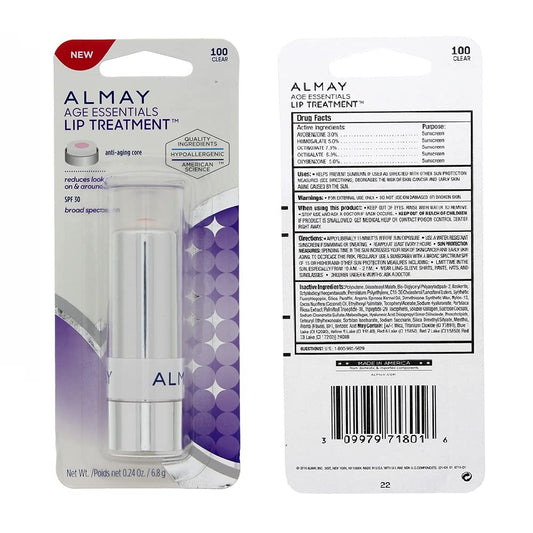 Almay Age Essentials Lip Treatment packaging display highlights hypoallergenic formula and SPF 30