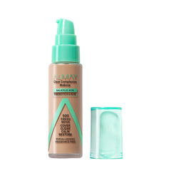 Almay Clear Complexion Foundation bottle pour showing lightweight coverage for acne-prone skin