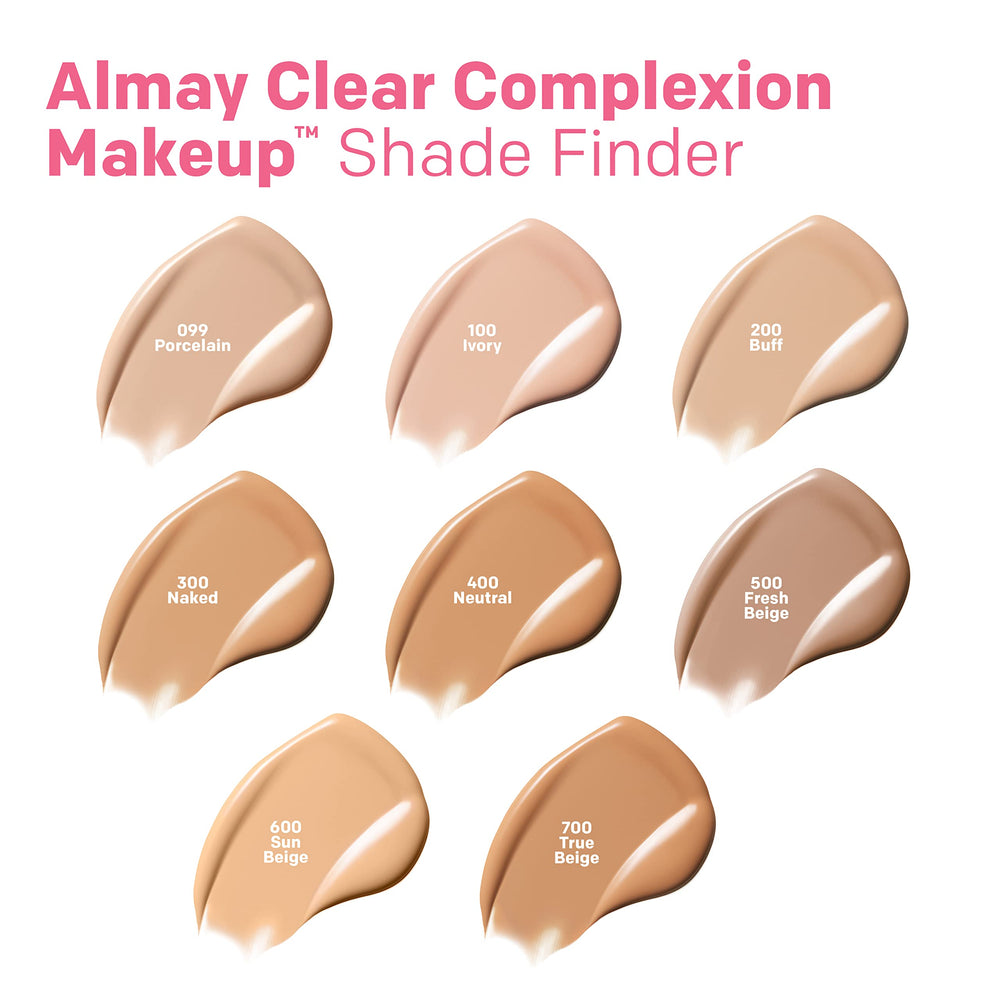 Almay Clear Complexion Foundation soft-matte finish suggests natural, balanced look all day.