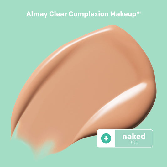 Almay Clear Complexion Foundation swatches show shade 300 Naked for even tone.