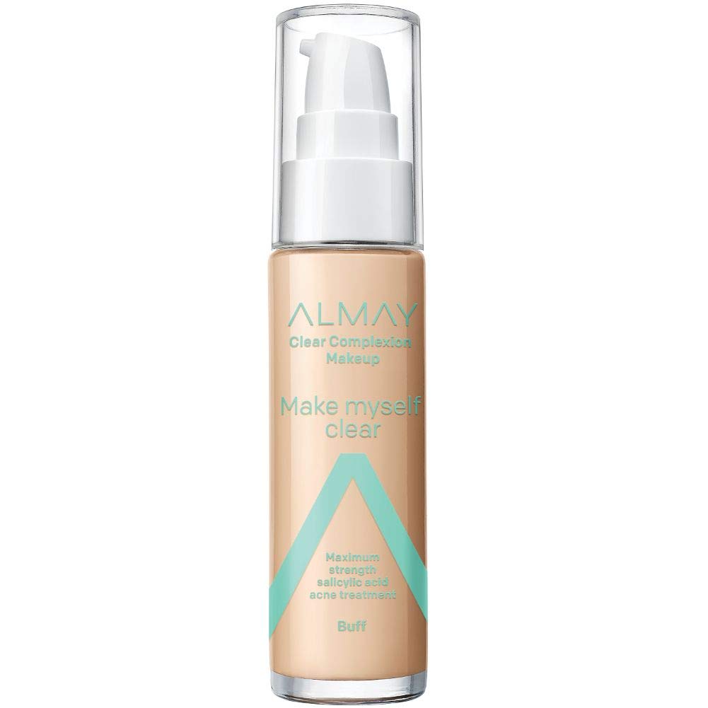 Almay foundation bottle close-up highlighting salicylic acid for blemish-prone skin.