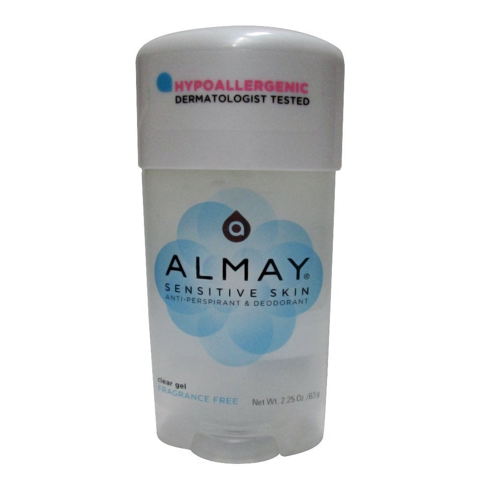 Almay fragrance-free clear gel deodorant bottle offering all-day odor protection