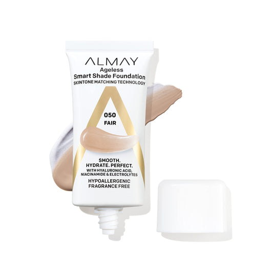 Almay Smart Shade Foundation 050 Fair bottle demonstrates shade-matching design.