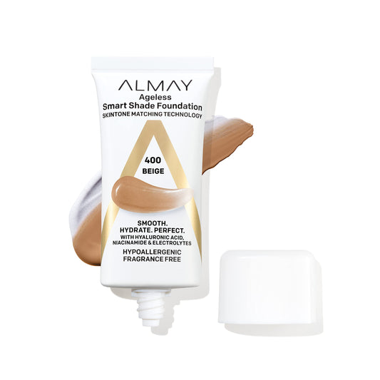 Almay Smart Shade Foundation bottle pour showing controlled application for even coverage.