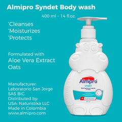 almipro Syndet Baby Wash label closeup highlighting oatmeal and aloe