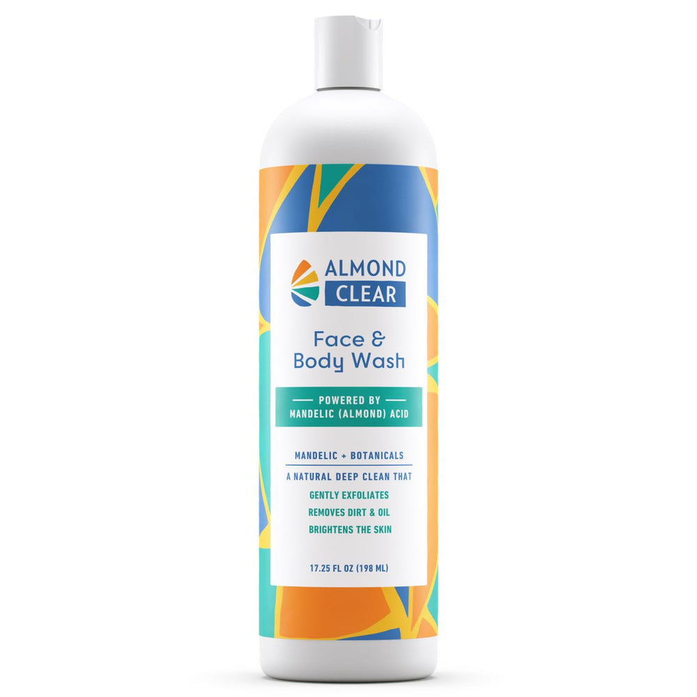 Almond Clear face and body wash bottle for versatile cleansing.