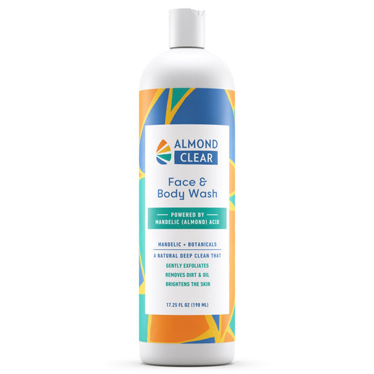 Almond Clear face and body wash bottle for versatile cleansing.