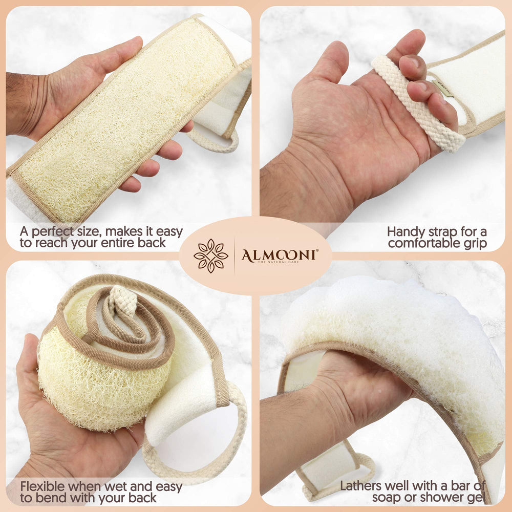 ALMOONI back scrubber with cotton handle offers a sturdy grip.