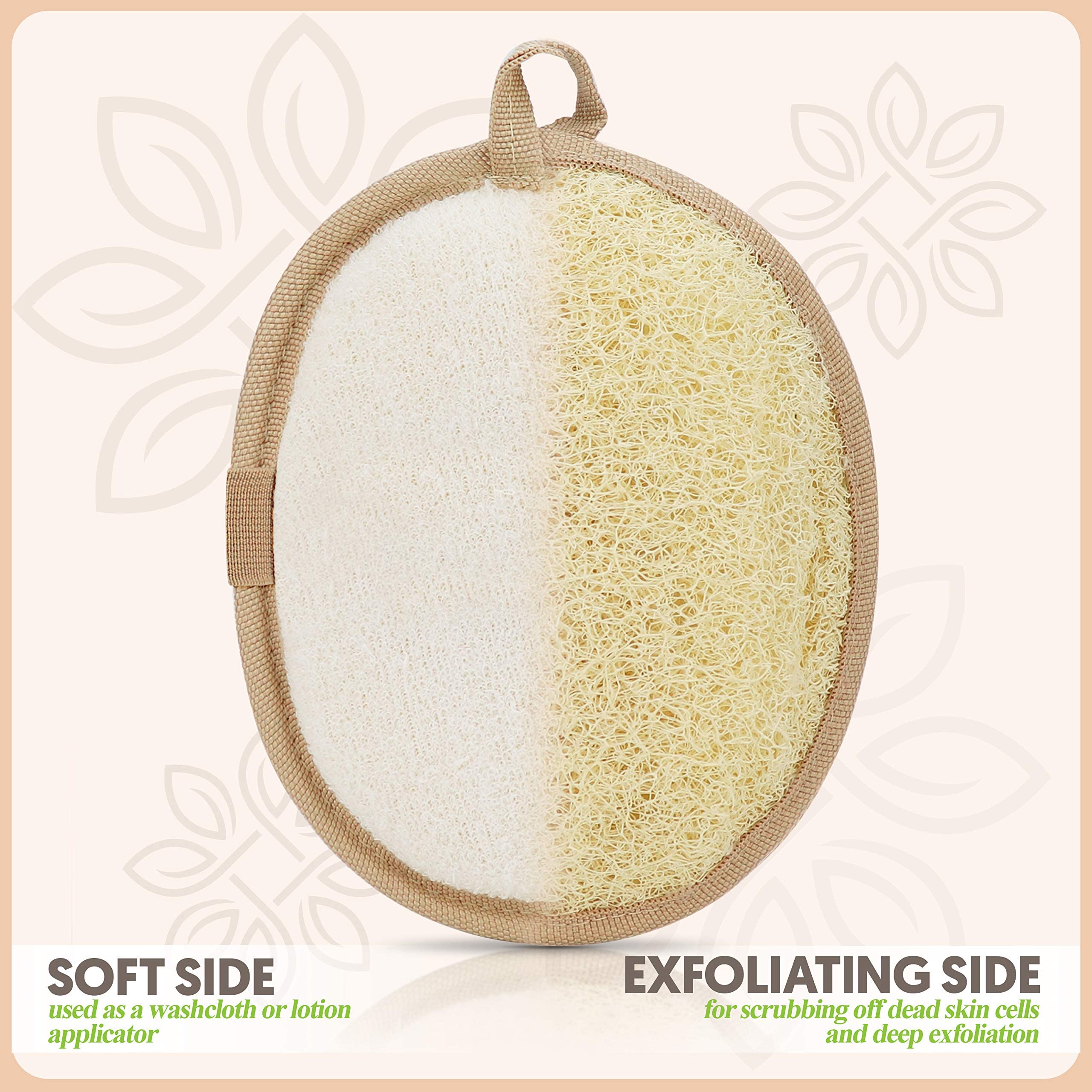 Almooni flexible loofah sponge shaping to body contours for thorough cleansing.