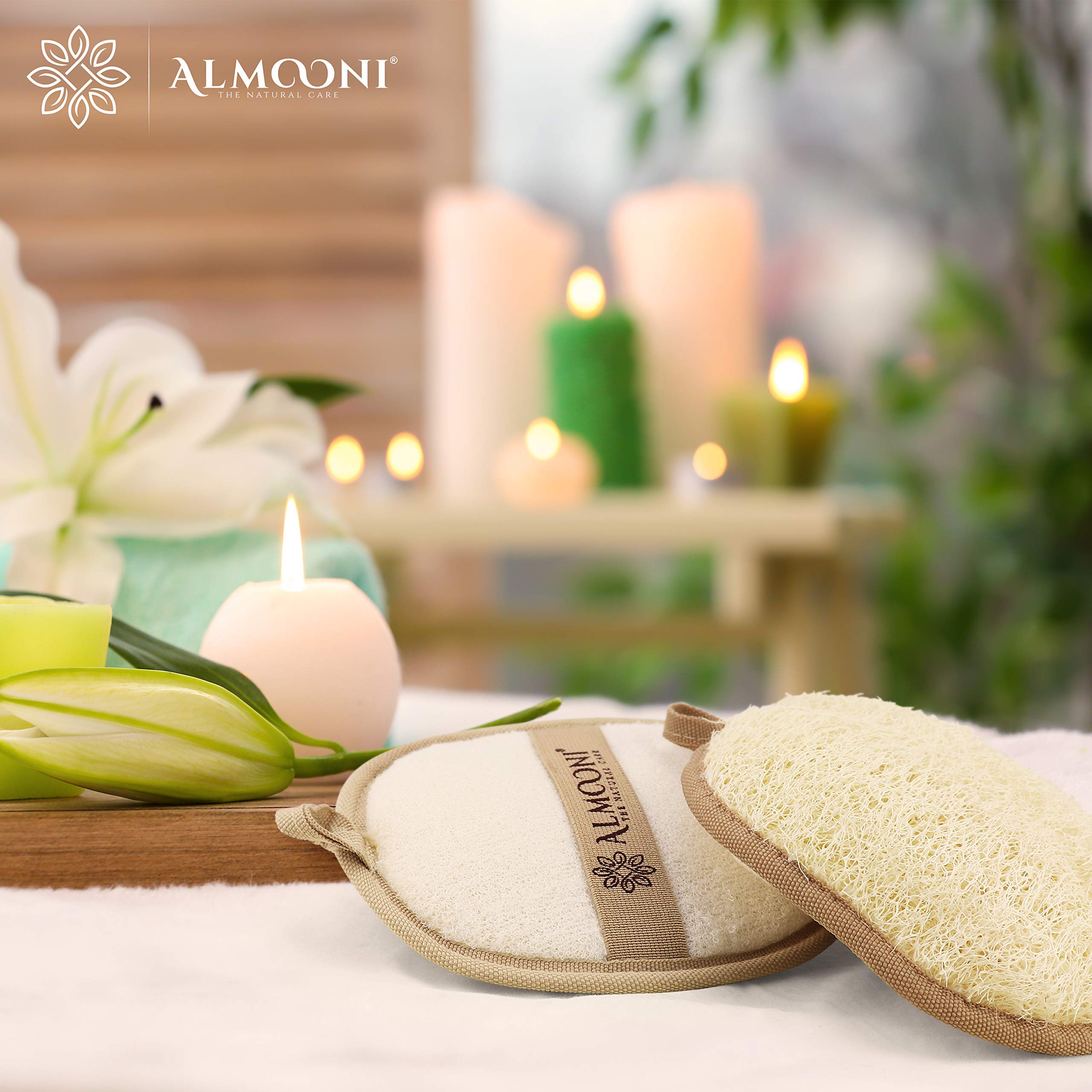 Almooni loofah sponge with hanging-loop for fast drying after shower.