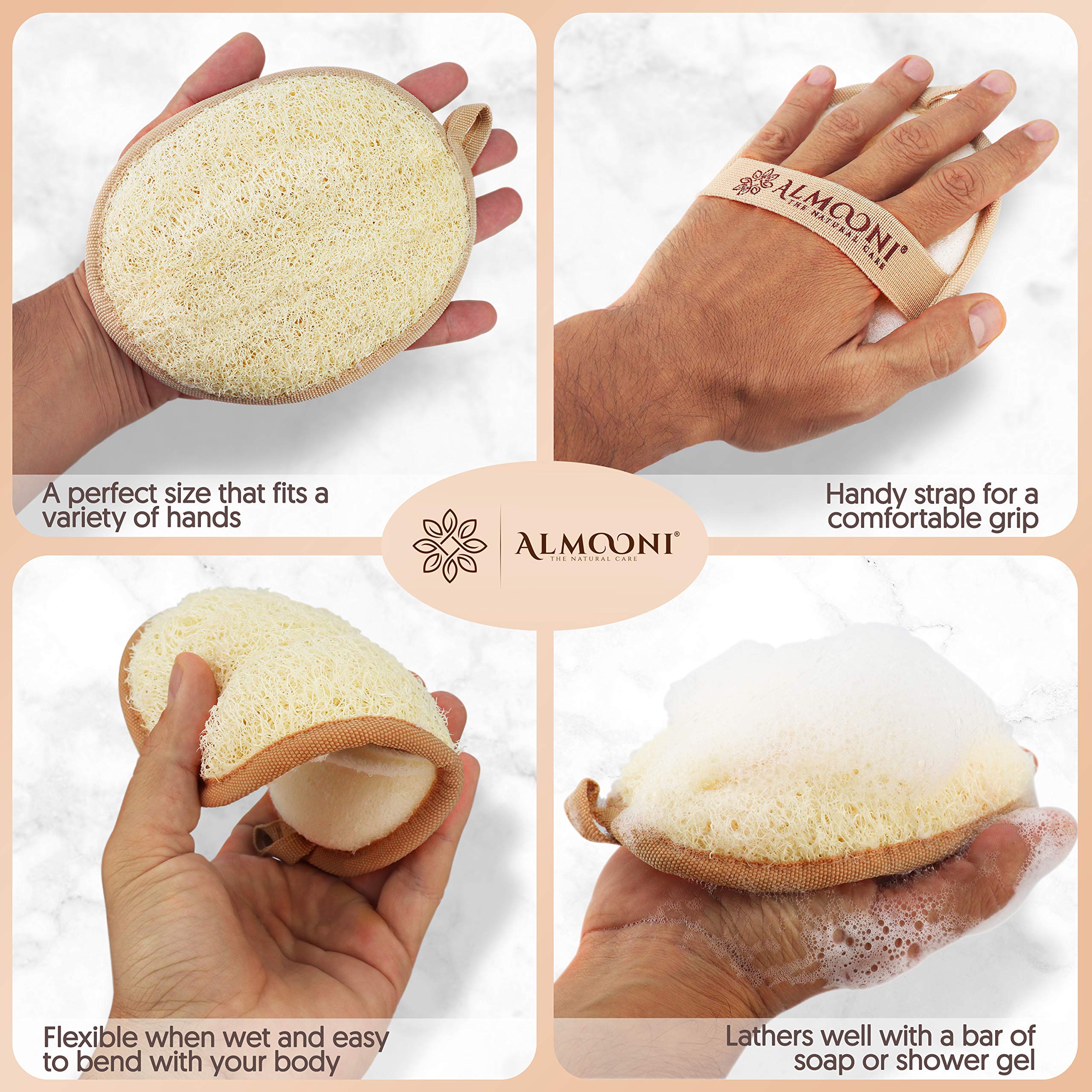 Almooni loofah sponge showing terry-side for oil and dirt removal.