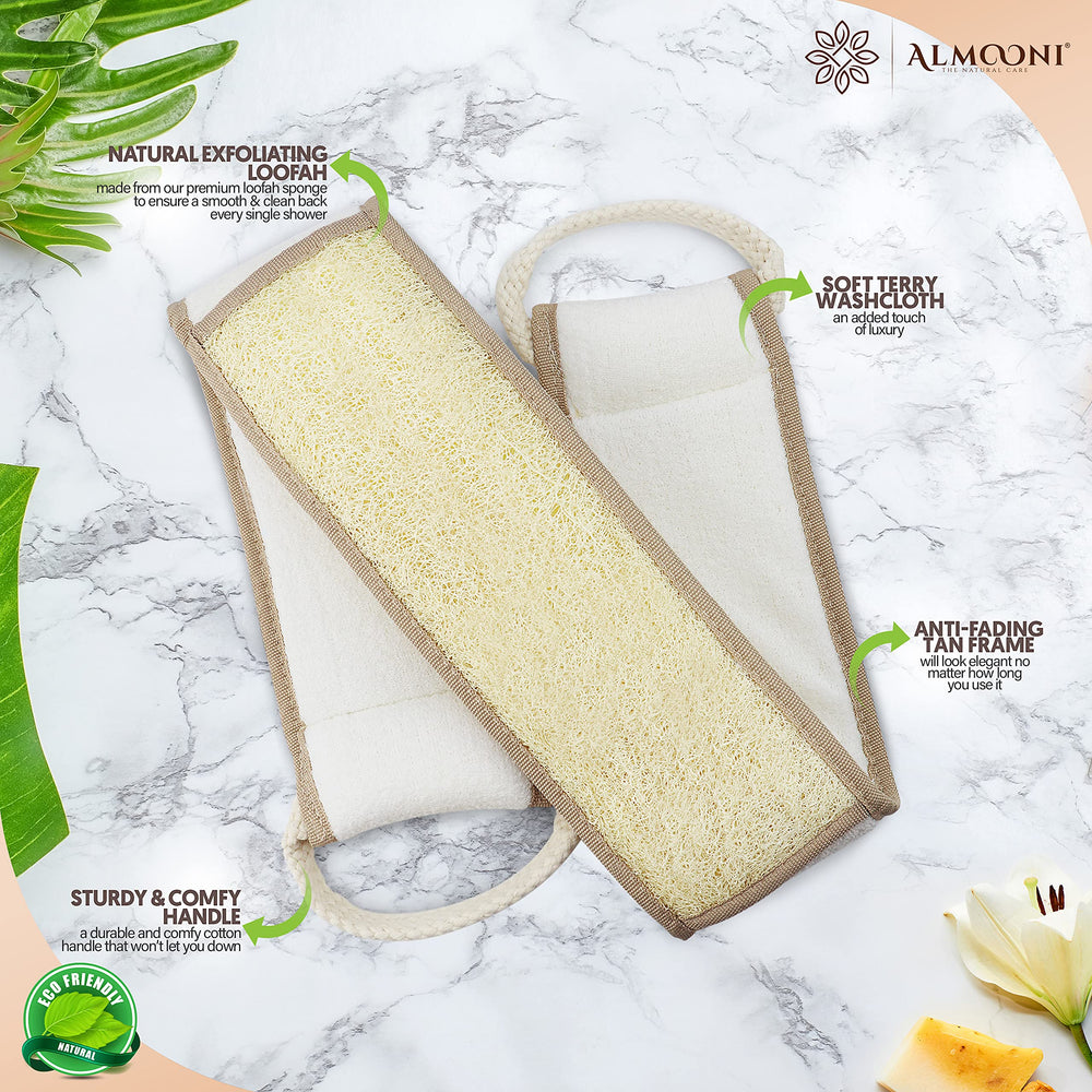ALMOONI natural loofah back scrubber provides gentle exfoliation for refreshed skin.