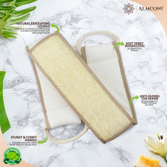 ALMOONI natural loofah back scrubber provides gentle exfoliation for refreshed skin.