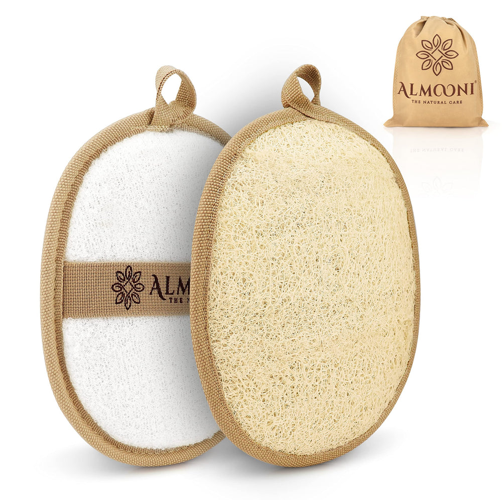 Almooni natural loofah body-scrubber close-up for gentle exfoliation.