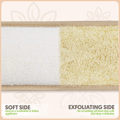 ALMOONI double-sided loofah removes oils and debris with terry cloth.