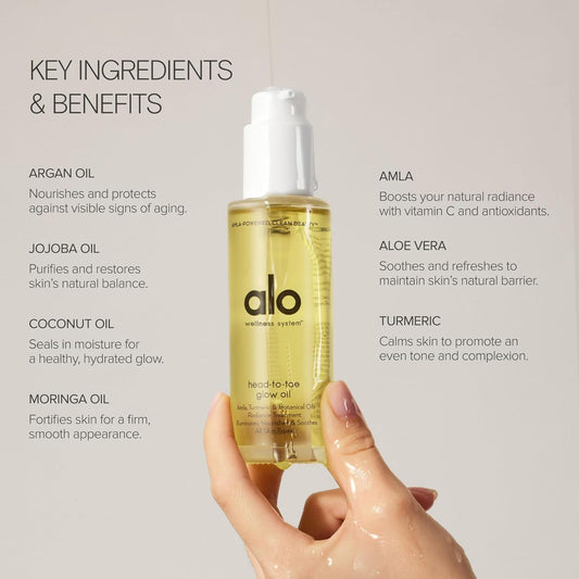 Applying ALO Head-to-Toe Glow Oil for a radiant glow.