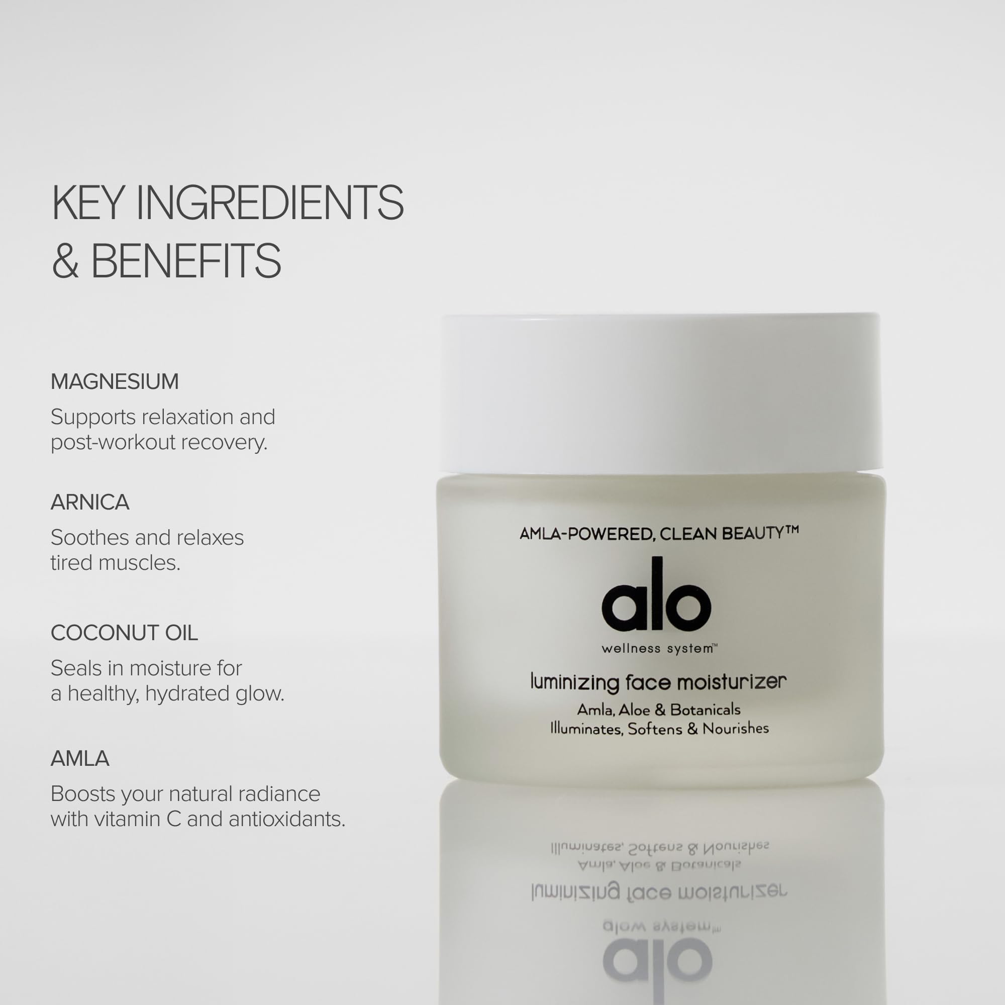 User applying Alo Luminizing Face Moisturizer to face and neck for a dewy glow.