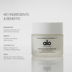User applying Alo Luminizing Face Moisturizer to face and neck for a dewy glow.