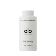 Alo Shine Shampoo bottle with glossy finish for smooth, frizz-free hair.