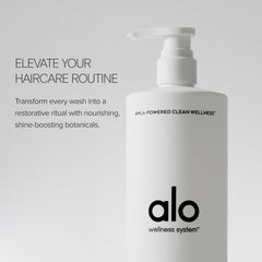 Pouring Alo Shine Shampoo shows weightless hydration through strands.