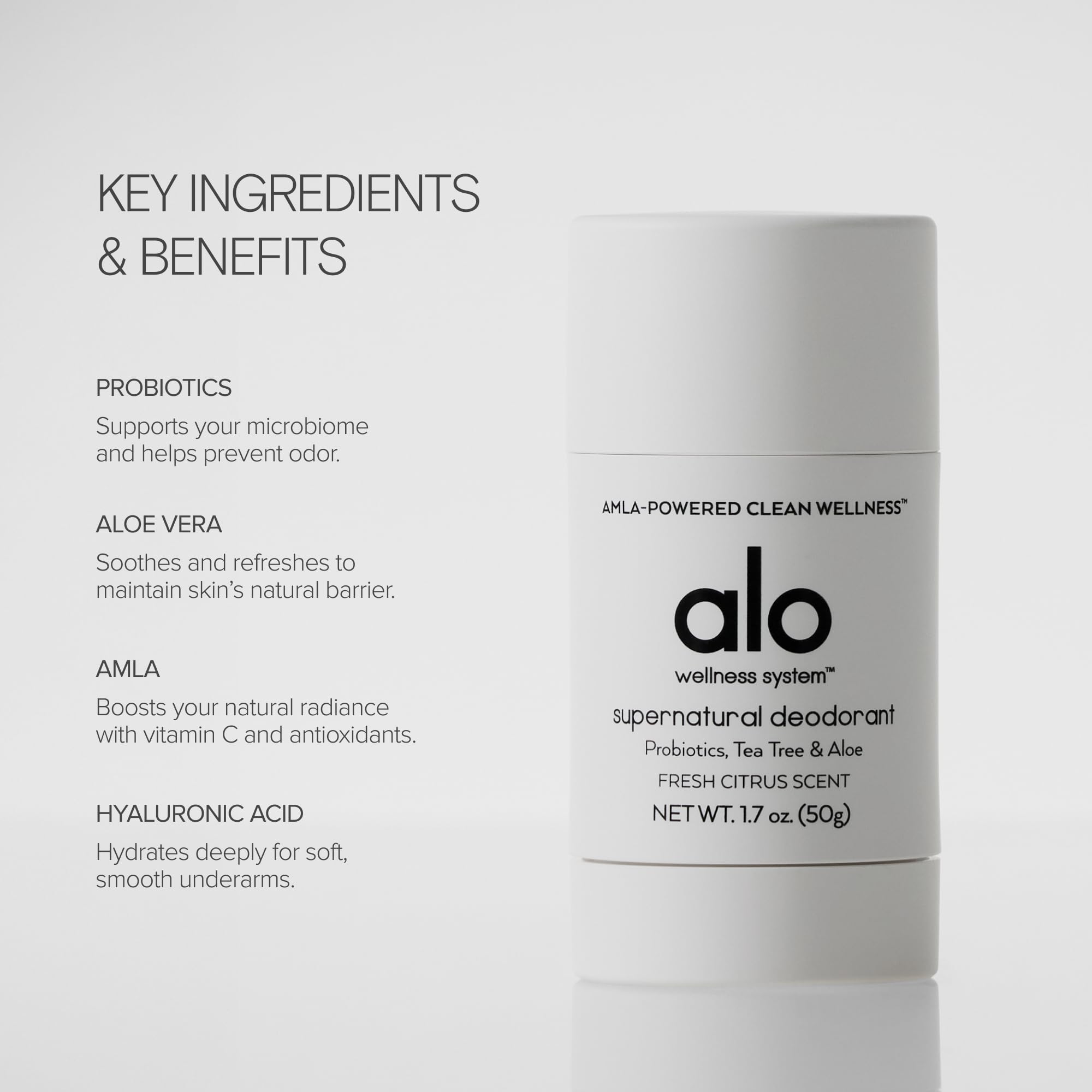 Alo Supernatural Deodorant ingredient list featuring aloe and hyaluronic acid.