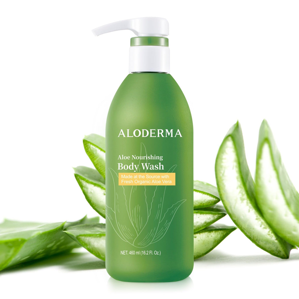 Aloderma Aloe Nourishing Body Wash bottle close-up showing pure aloe hydration for dry skin