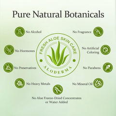Aloderma bottle label highlights vegan and eco-friendly formula benefits