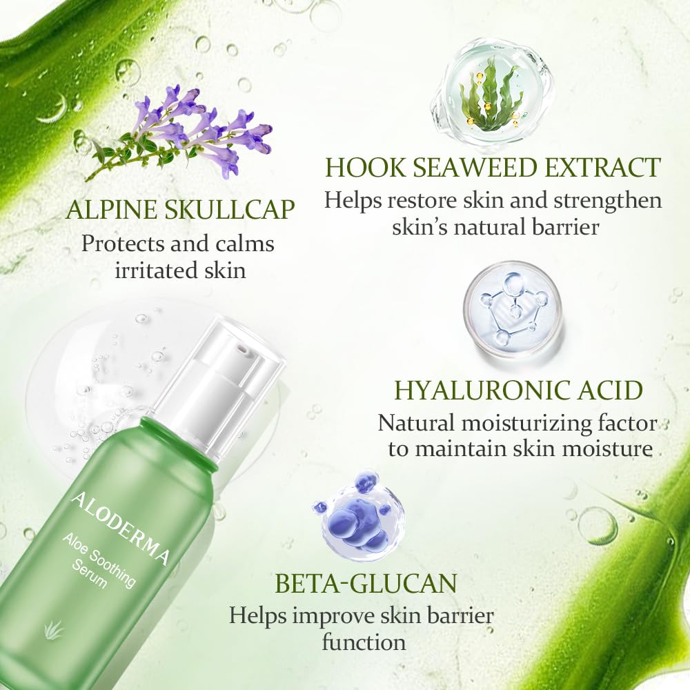Aloderma aloe serum ingredients featuring beta-glucan and arginine for soothing care.