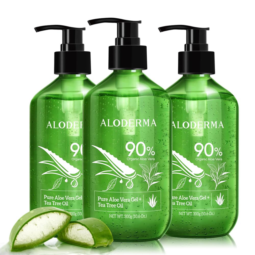 Aloderma Aloe Vera Gel + Tea Tree Oil bottle pour demonstrates easy application for hydration.