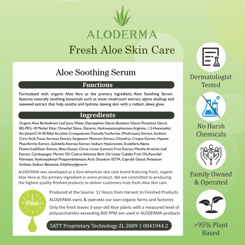 Aloderma ingredients balance with hyaluronic acid and vitamin C for moisture.