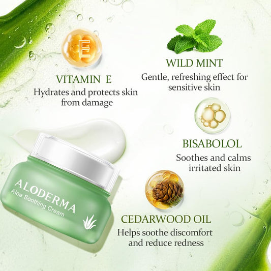 Aloderma Soothing Face Cream texture close-up shows quick absorption.