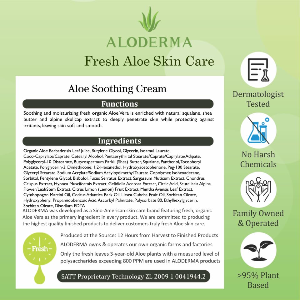 Aloderma Soothing Face Cream produced within hours of harvest for freshness.