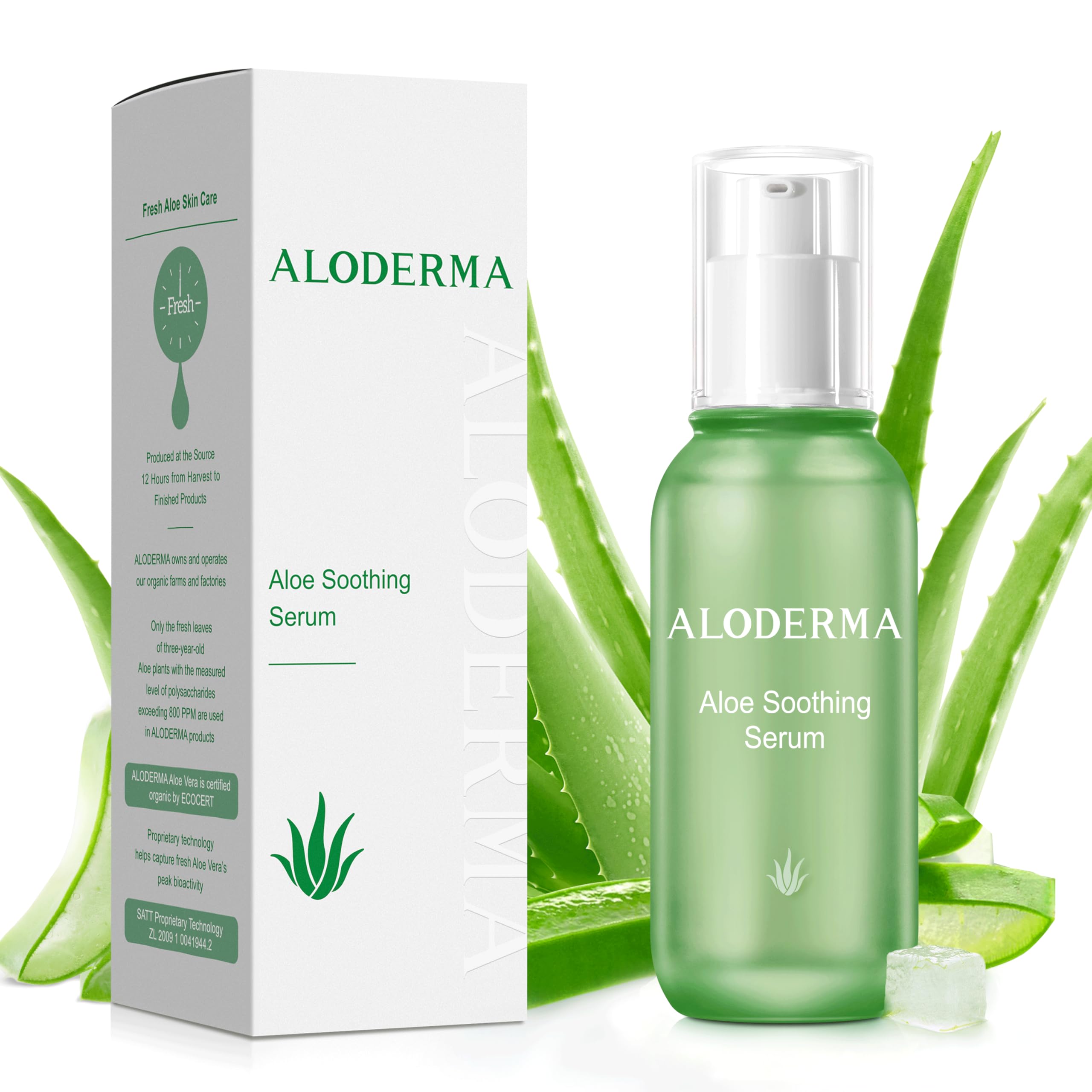 Aloderma soothing serum bottle showing gentle daily hydration for sensitive skin.