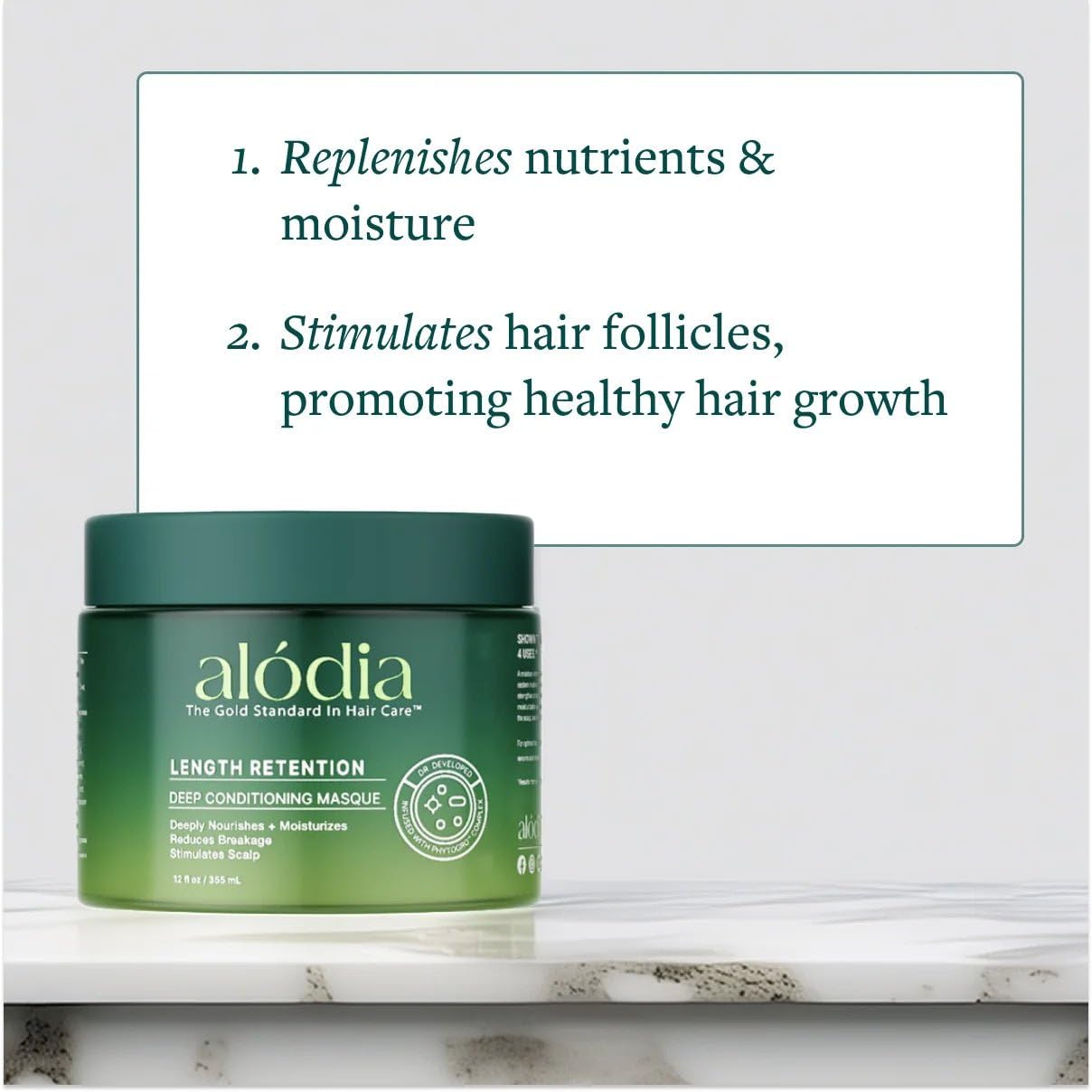 ALODIA Deep Conditioning Masque peppermint oil swirl signals refreshing scalp sensation.