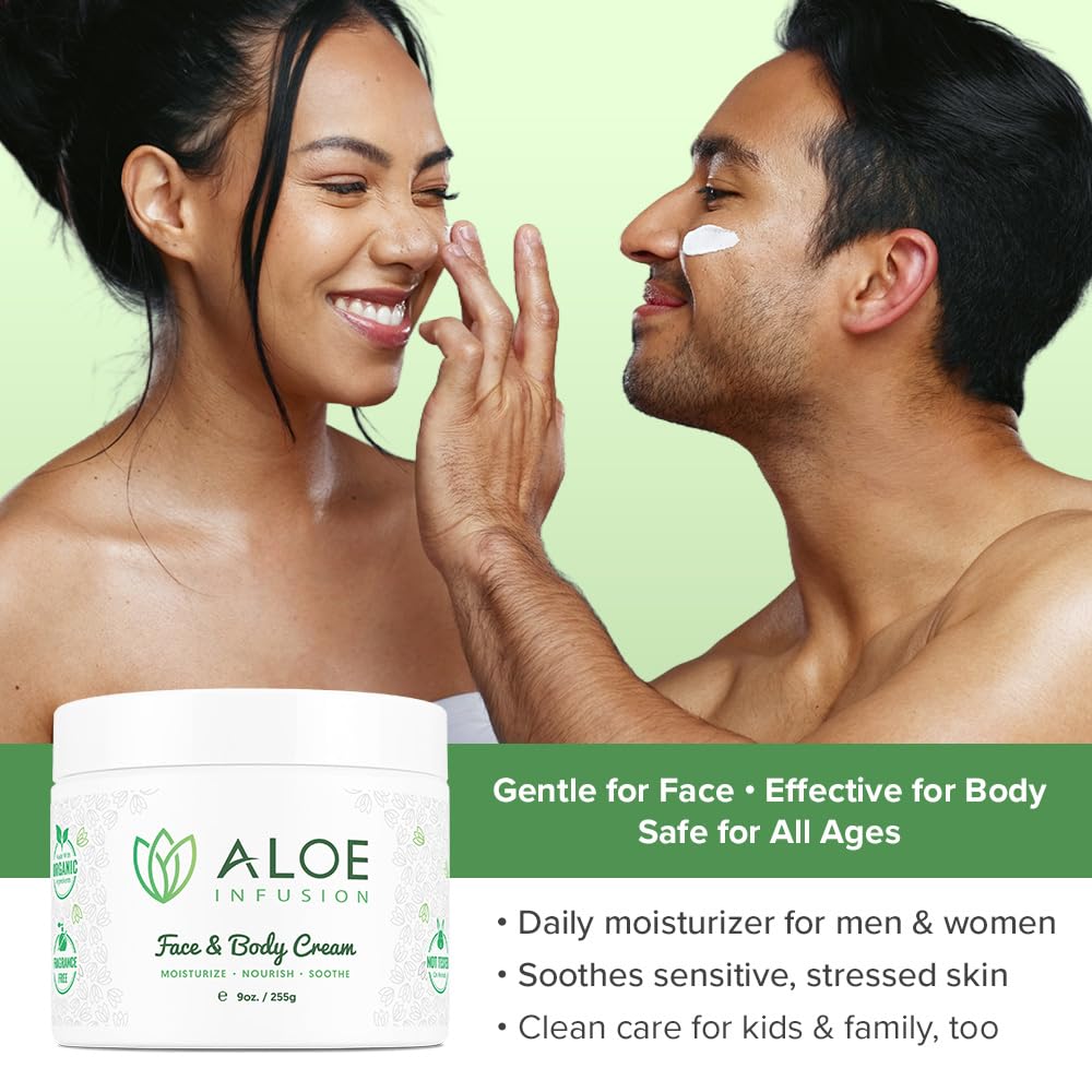 After-sun care application with Aloe Infusion provides soothing relief.
