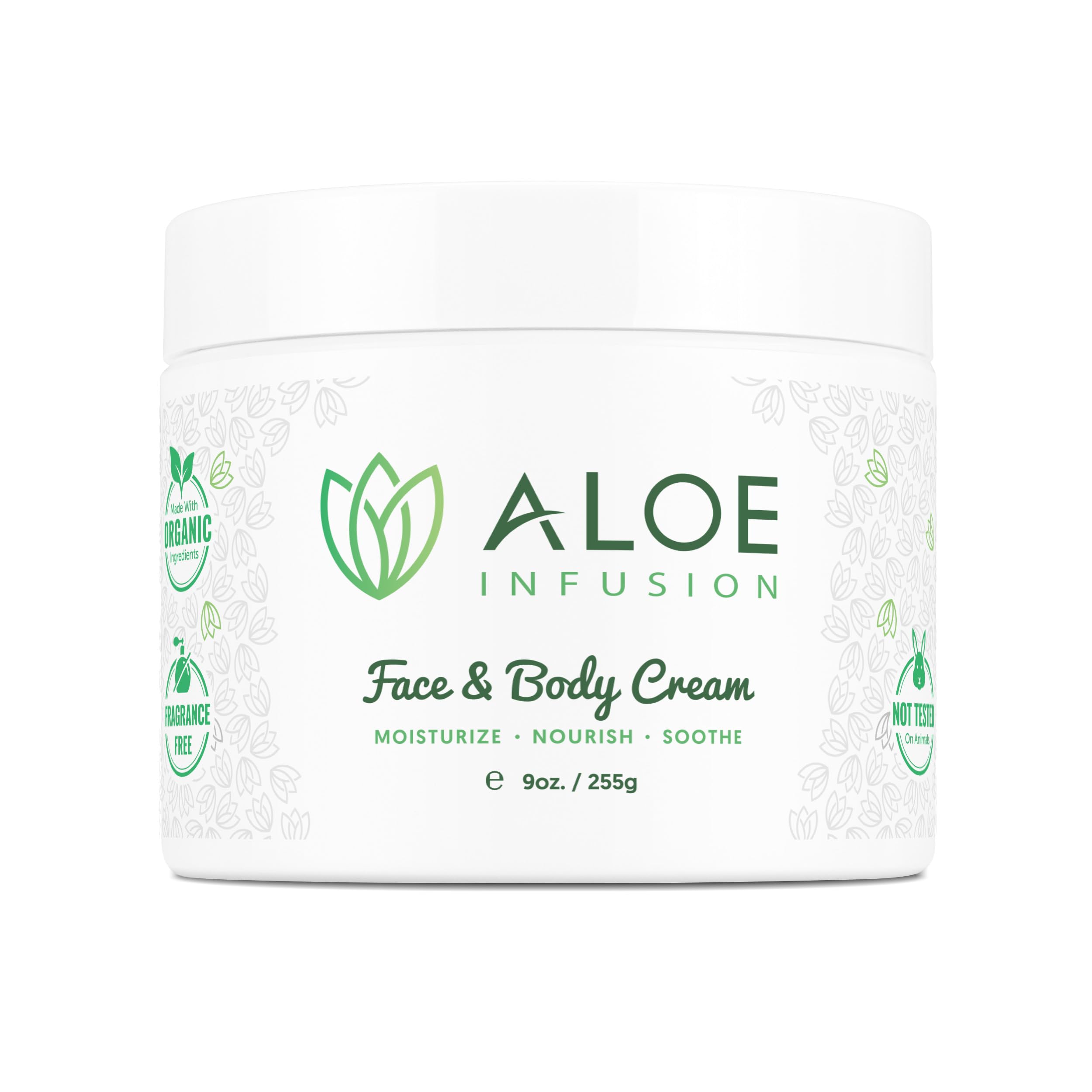 Aloe Infusion face and body cream bottle showing versatile hydration for dry skin
