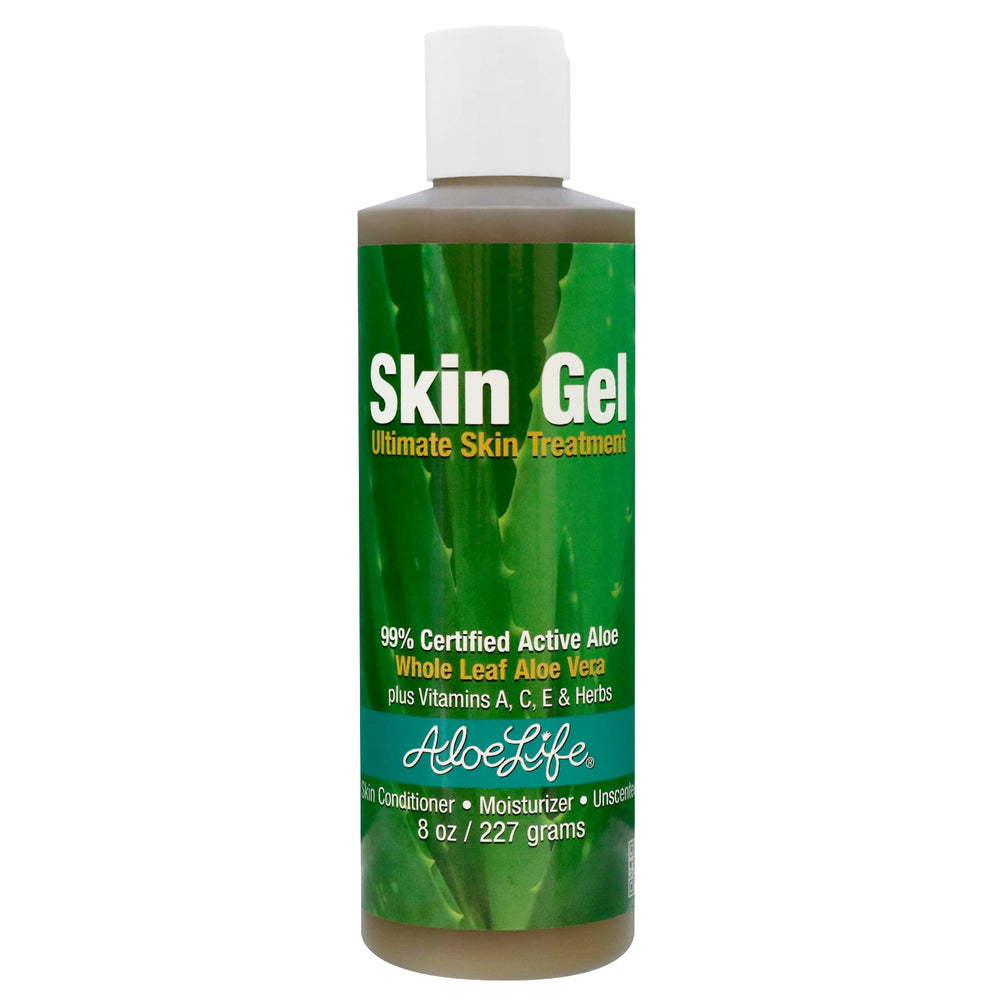 Aloe Life Skin Gel bottle showing fragrance-free hydration for face and body.