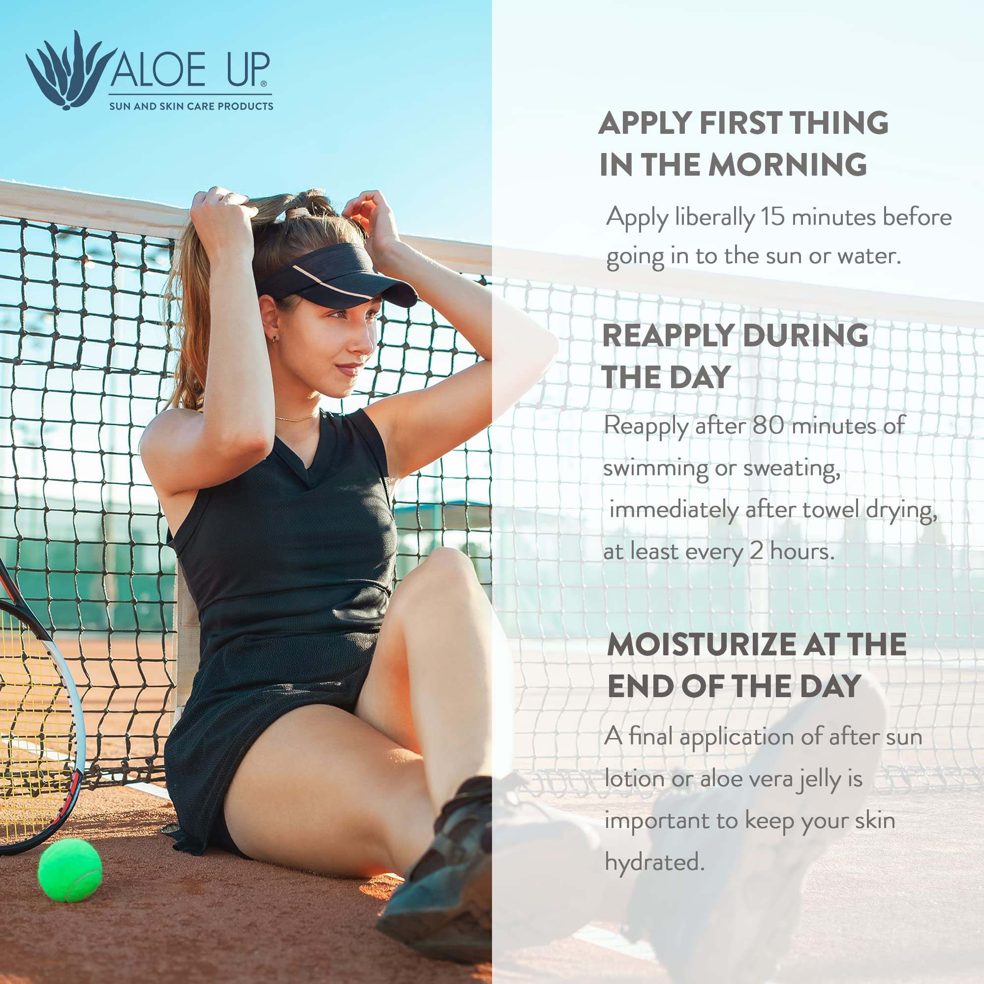 Aloe Up fragrance-free label supports sensitive skin while sun protection.