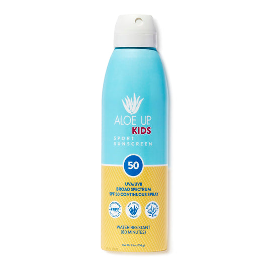 Aloe Up Kids SPF50 spray bottle ready for outdoor adventures