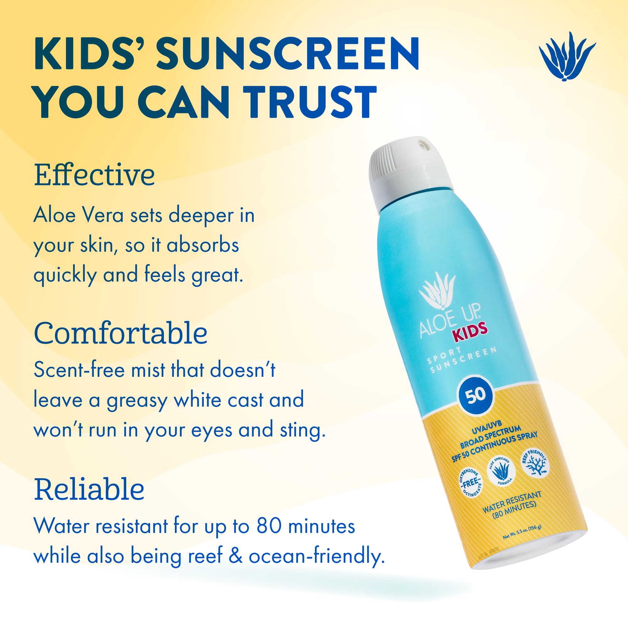 Aloe Up Kids SPF50 close-up label showing reef-friendly promise