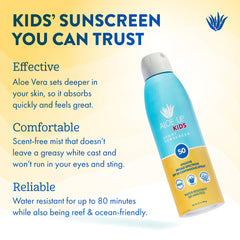 Aloe Up Kids SPF50 close-up label showing reef-friendly promise