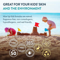 Aloe Up Kids SPF50 spray being applied, fast-drying texture on skin