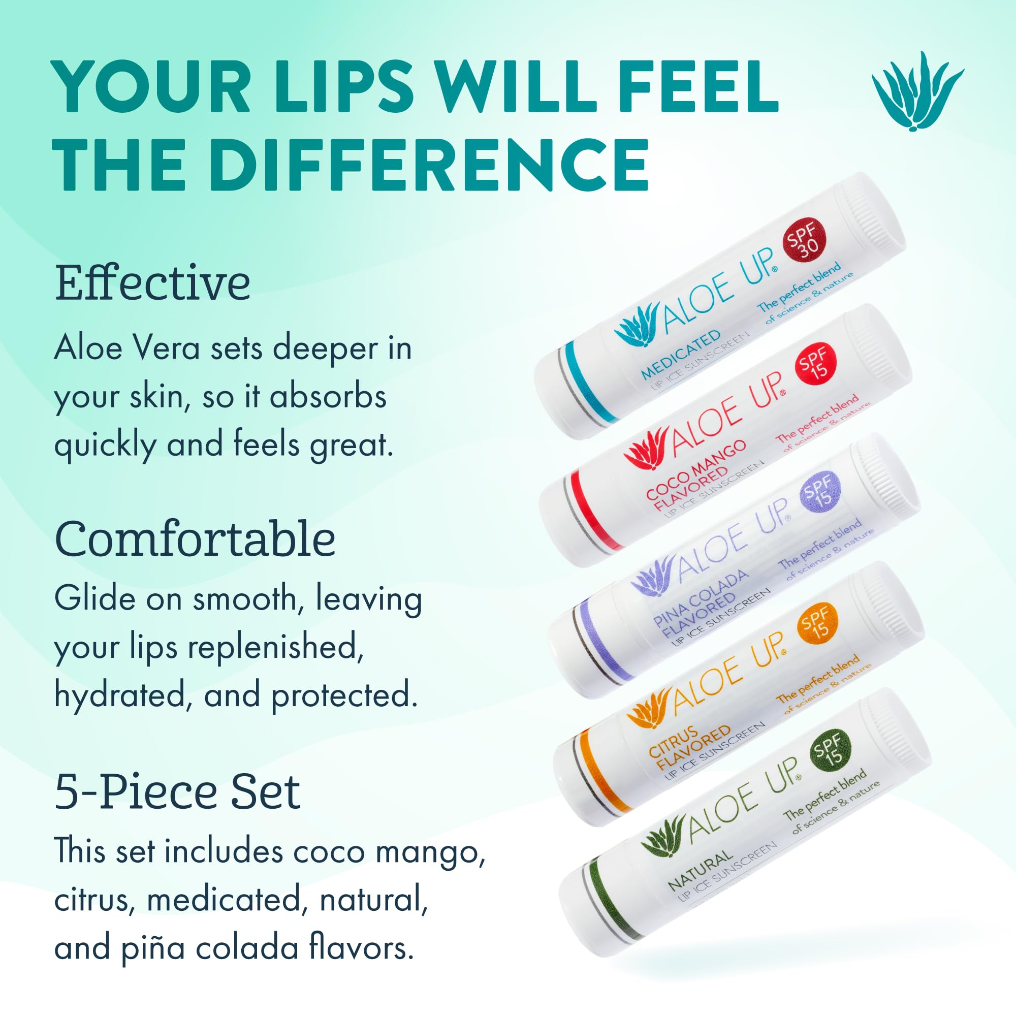 Aloe Up Lip Ice SPF 15 tube on display highlighting hydration with natural oils